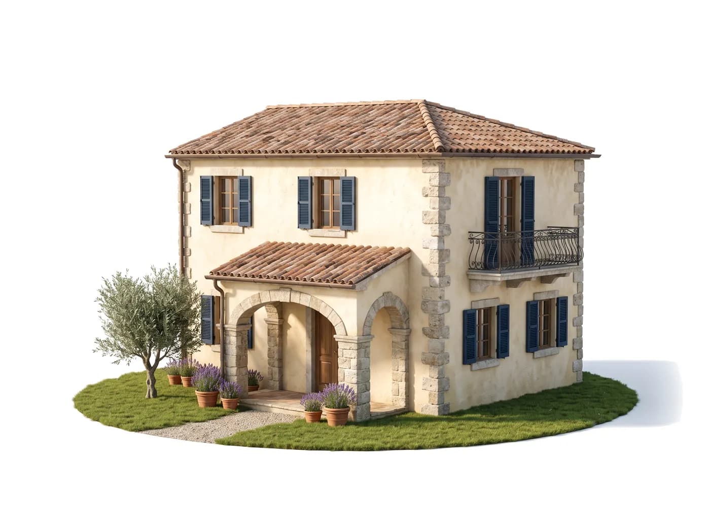 Plastico di una villa in intonaco chiaro con persiane blu, portico ad archi, un ulivo e vasi di lavanda
