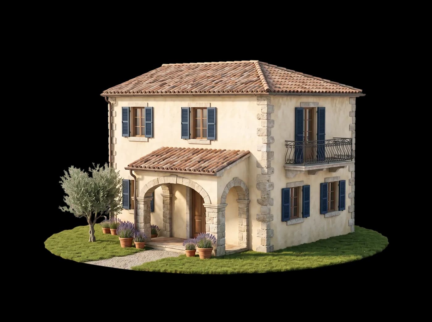Plastico di una villa in intonaco chiaro con persiane blu, portico ad archi, un ulivo e vasi di lavanda