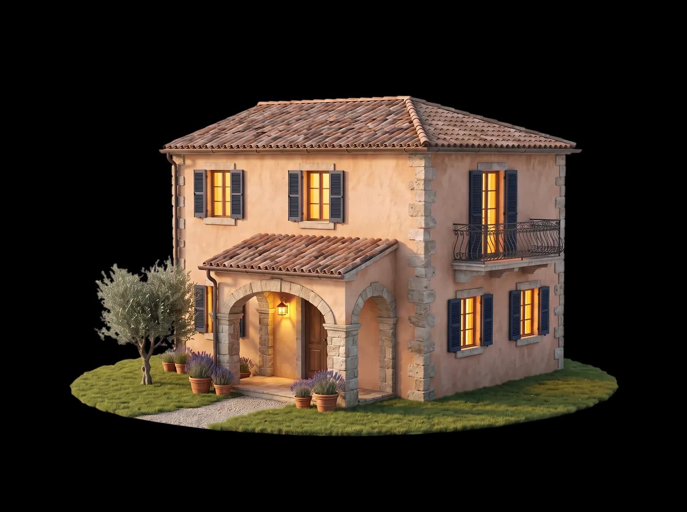 Plastico di una villa in intonaco chiaro con persiane blu, portico ad archi, un ulivo e vasi di lavanda