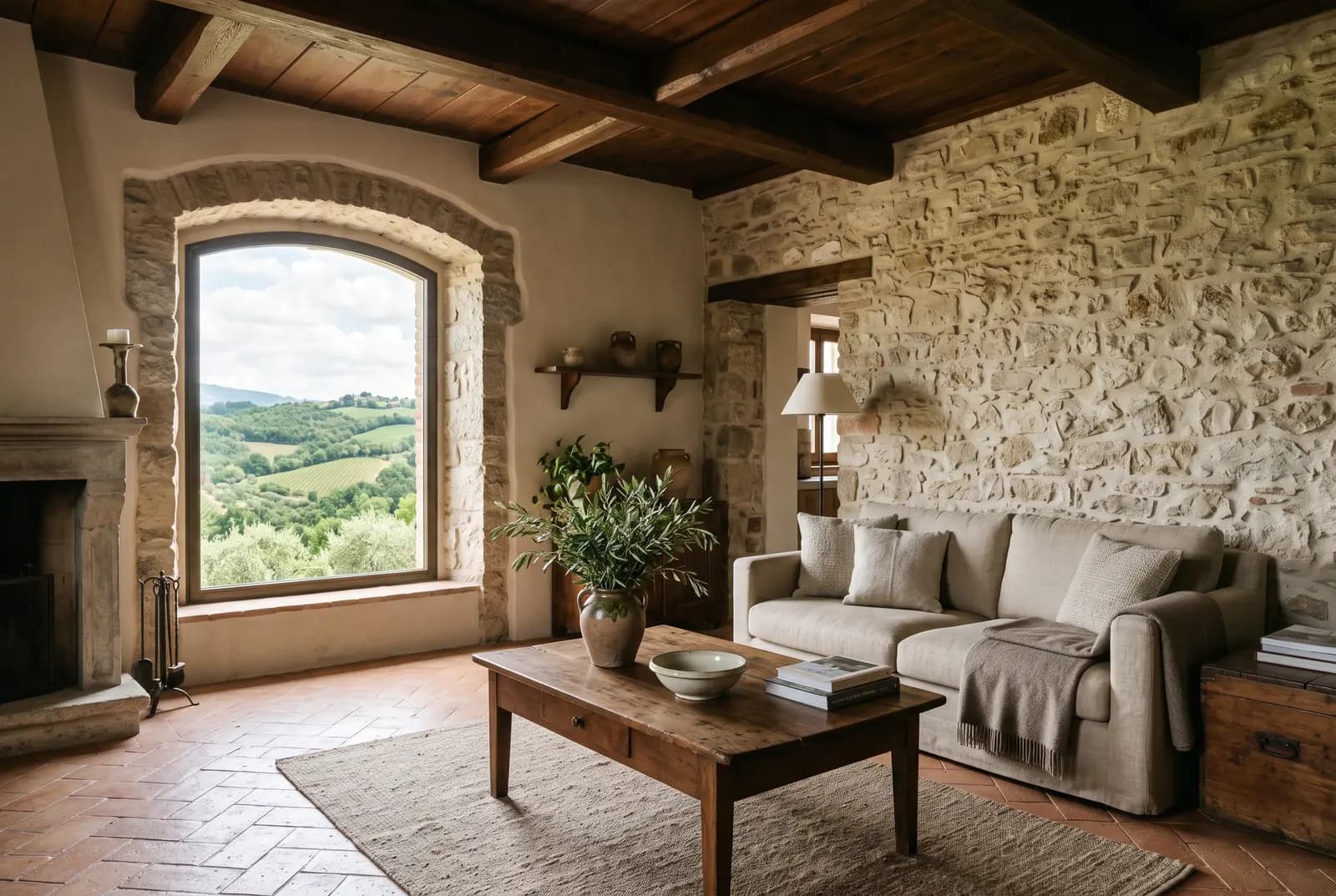 Soggiorno di un casale in pietra con travi di legno, camino, divano e una finestra sulle colline