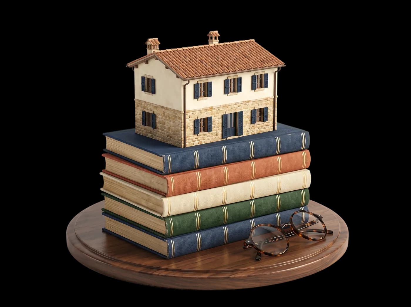 Casetta in cima a una pila di libri, con un paio di occhiali