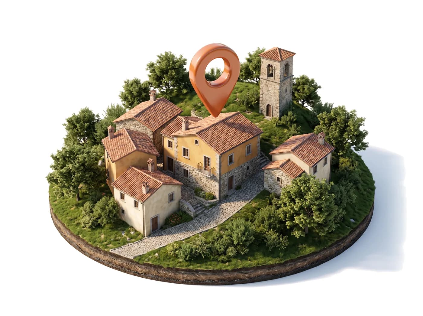 Plastico di un borgo collinare con case in pietra, un campanile e un grande segnaposto color terracotta