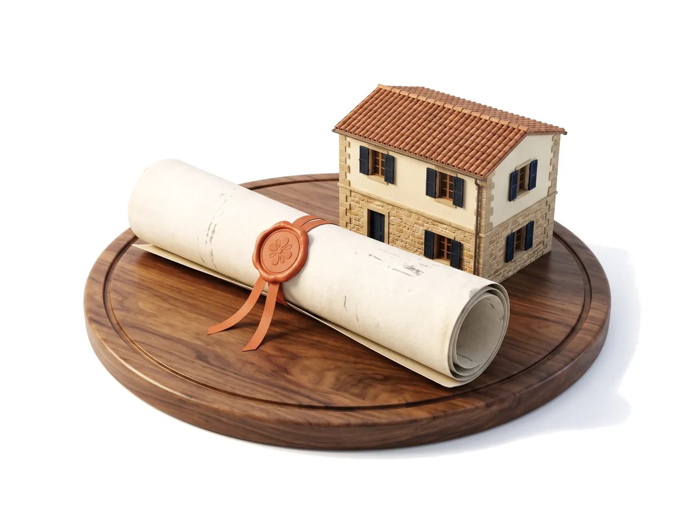 Atto arrotolato con sigillo di ceralacca e nastro color terracotta accanto a una casetta