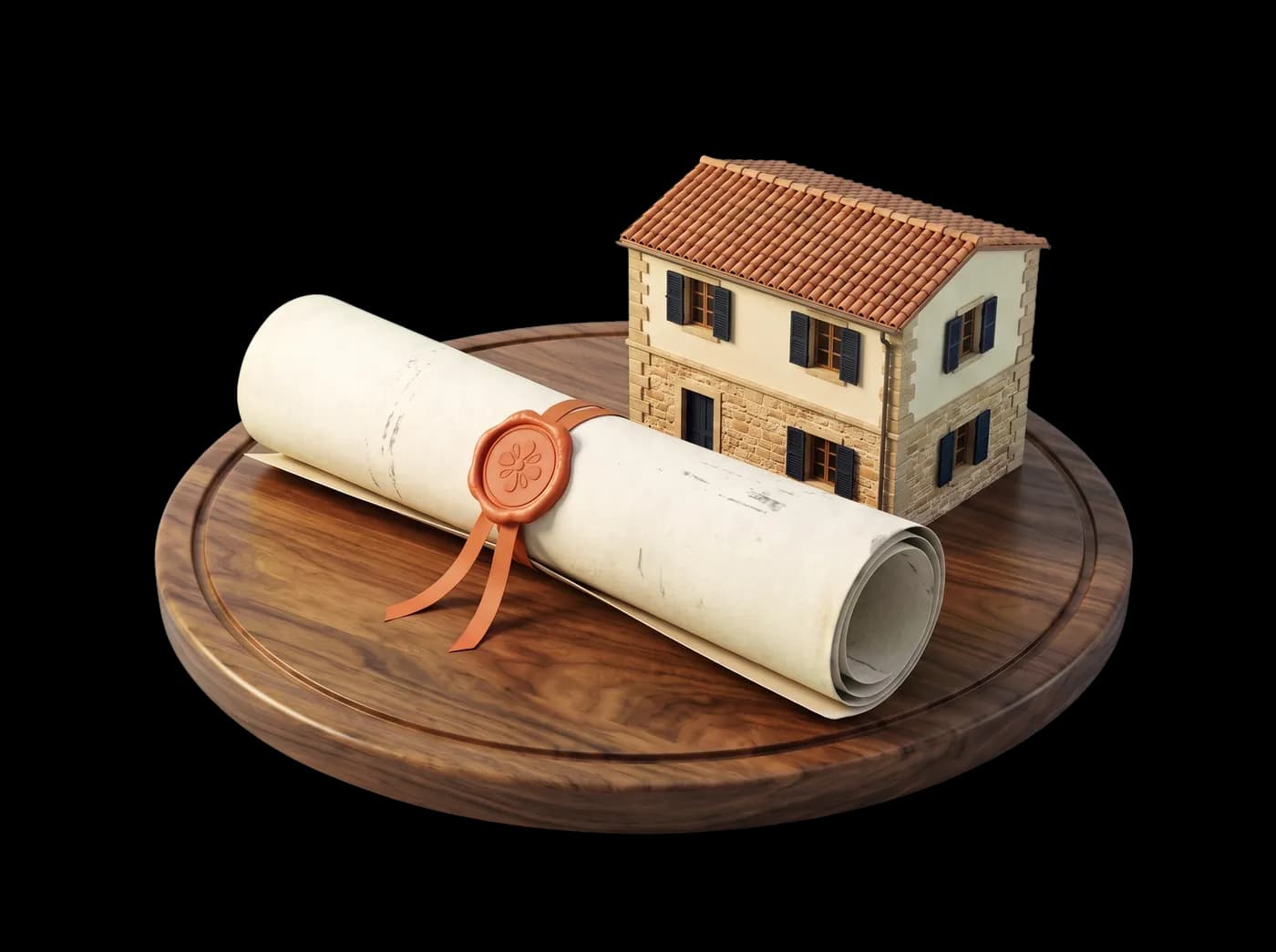 Atto arrotolato con sigillo di ceralacca e nastro color terracotta accanto a una casetta