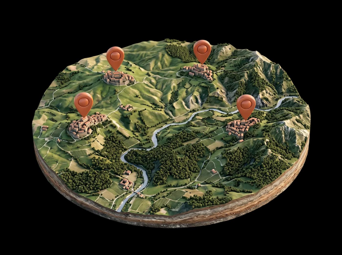 Plastico in rilievo di colline e valli con un fiume, boschi, borghi e quattro segnaposti color terracotta